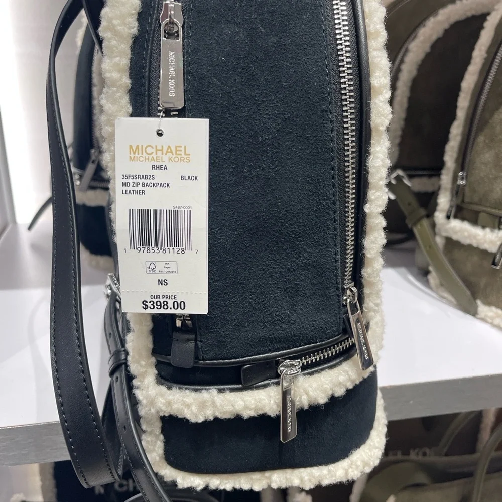 MICHAEL KORS Rhea Medium Suede and Faux Shearling Backpack Black NWT